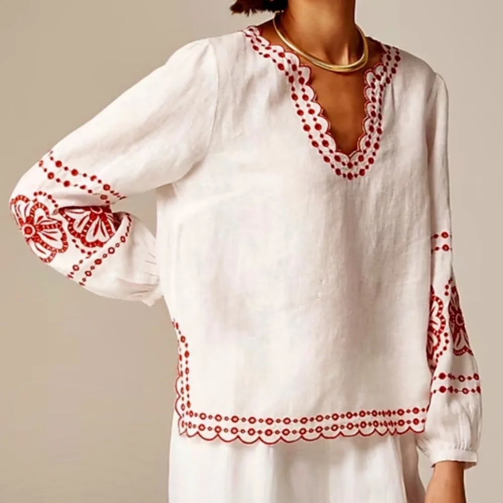 J. Crew White Linen Blouse with Red Embroidery - Picture 1 of 5